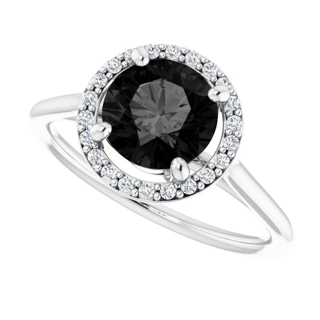 Round Black Onyx Halo Ring with Diamond Accents in Gold