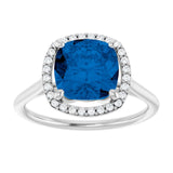 Cushion Lab-Grown Blue Sapphire & Diamond Halo Ring in White Gold