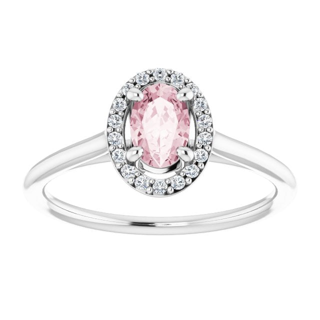 Oval Pink Mandganite Halo Ring with Diamond Accents in Gold