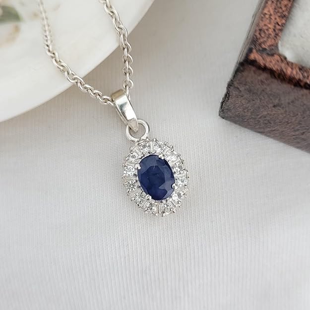 Oval Sapphire Diamond 18K White Gold Pendant