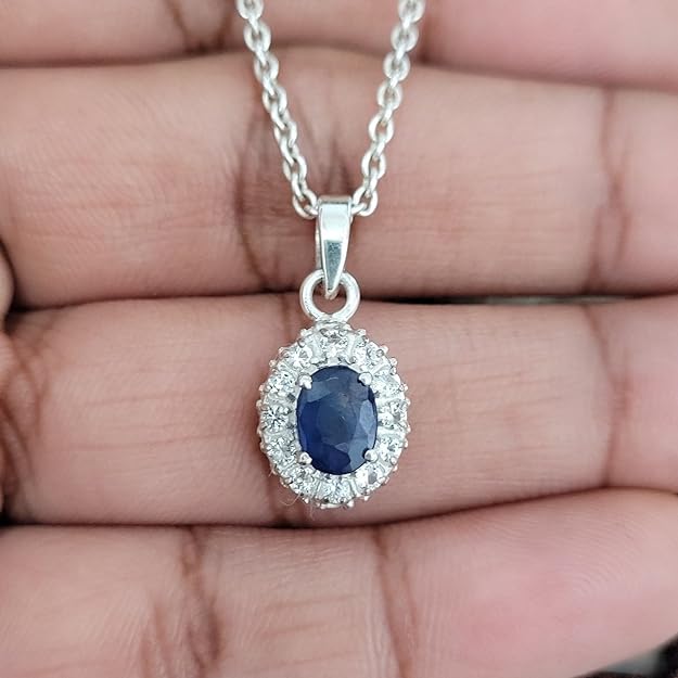 Oval Sapphire Diamond 18K White Gold Pendant