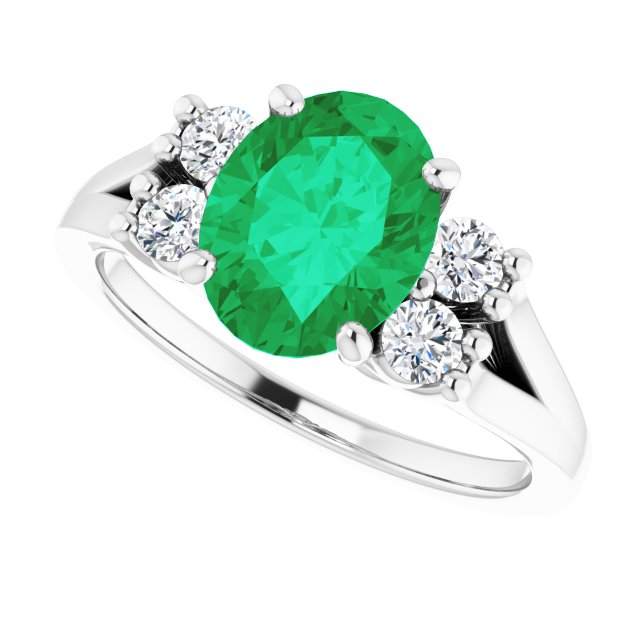 Oval Lab-Grown Emerald & Diamond Accented Ring in White Gold