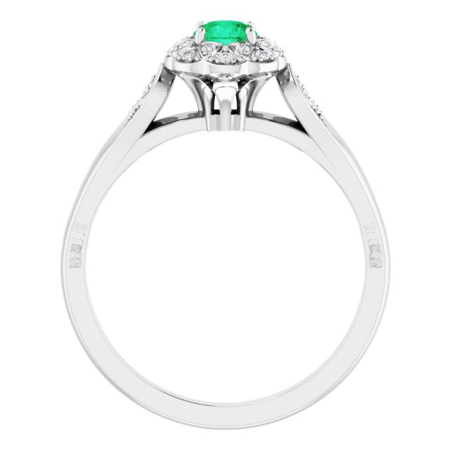 Round Emerald Halo Ring with Diamond Accents in Gold and Platinum
