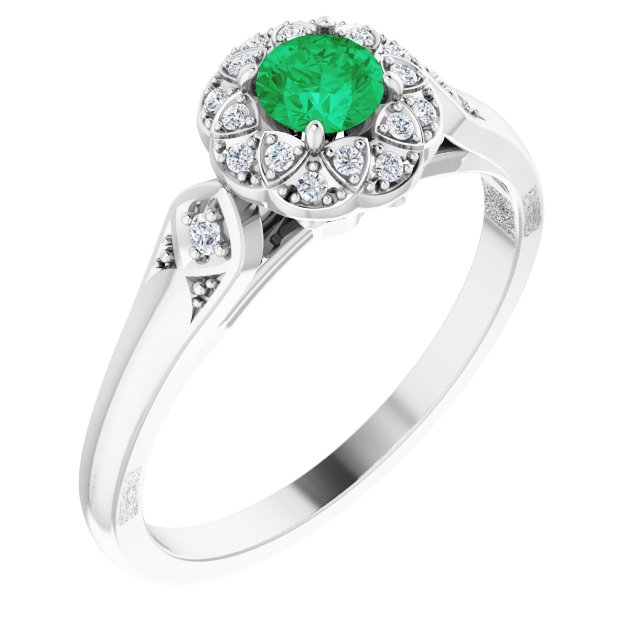 Round Emerald Halo Ring with Diamond Accents in Gold and Platinum