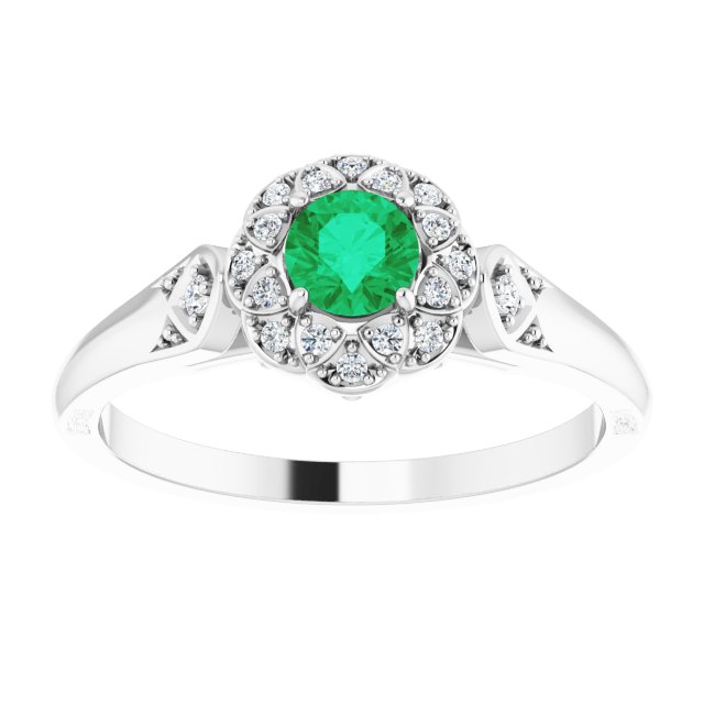 Round Emerald Halo Ring with Diamond Accents in Gold and Platinum
