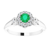 Round Emerald Halo Ring with Diamond Accents in Gold and Platinum