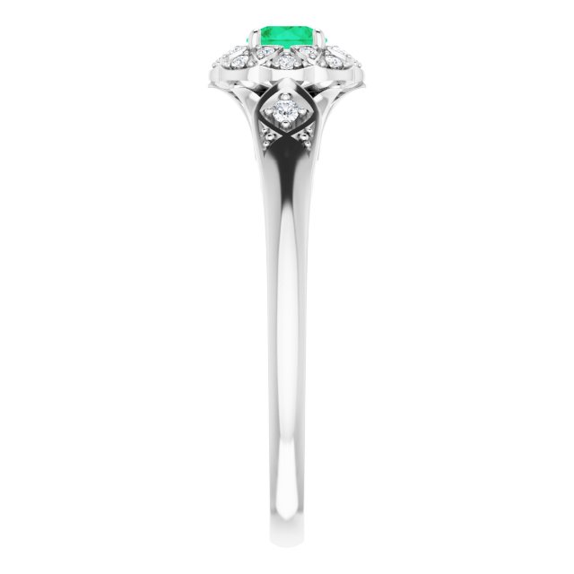 Round Emerald Halo Ring with Diamond Accents in Gold and Platinum