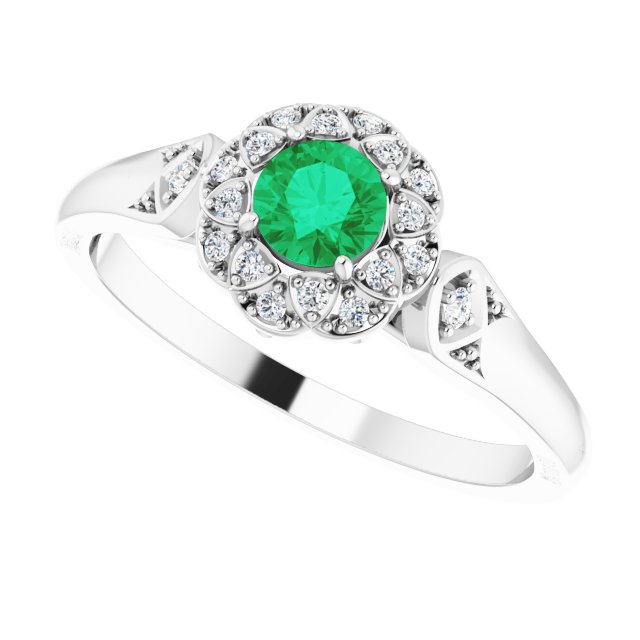Round Emerald Halo Ring with Diamond Accents in Gold and Platinum