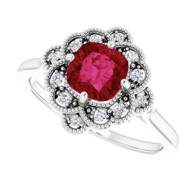 Cushion Lab-Grown Ruby & Diamond Halo Ring in Gold and Platinum
