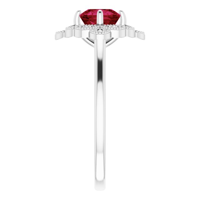 Cushion Lab-Grown Ruby & Diamond Halo Ring in Gold and Platinum