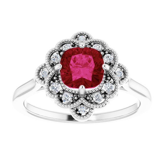 Cushion Lab-Grown Ruby & Diamond Halo Ring in Gold and Platinum