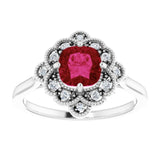 Cushion Lab-Grown Ruby & Diamond Halo Ring in Gold and Platinum