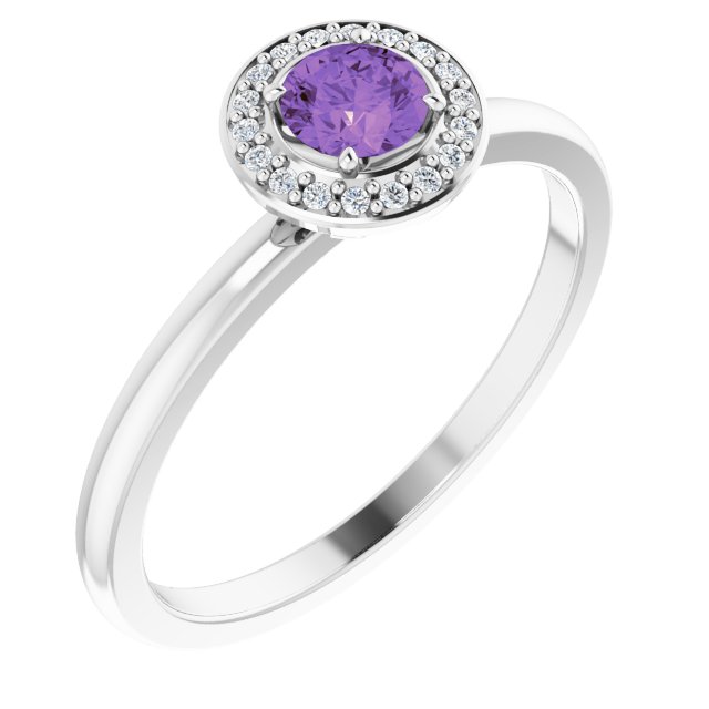 Round Amethyst Halo Ring with Diamond Accents in Gold and Platinum