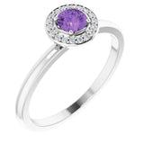 Round Amethyst Halo Ring with Diamond Accents in Gold and Platinum
