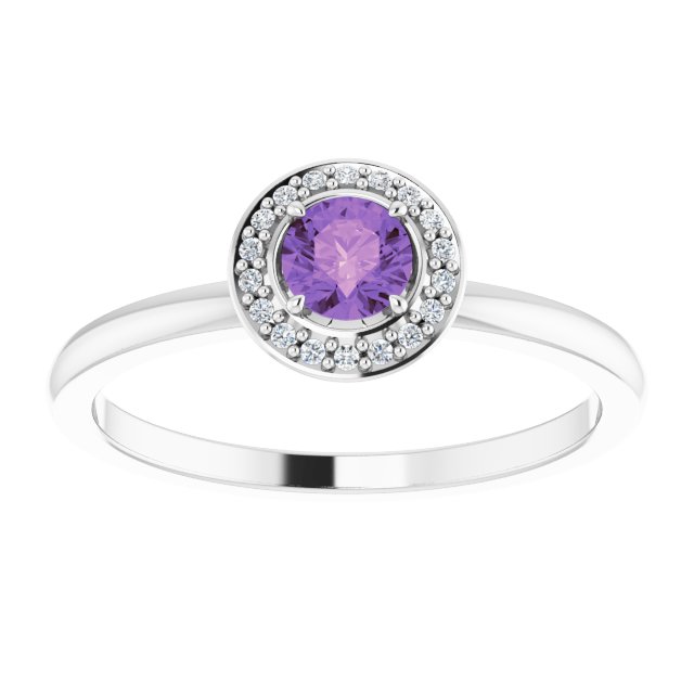 Round Amethyst Halo Ring with Diamond Accents in Gold and Platinum