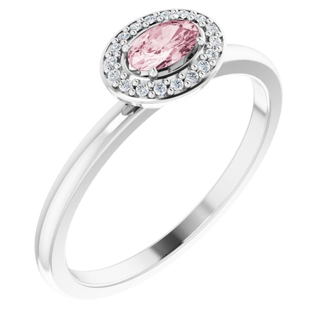 Oval Pink Mandganite & Diamond Halo Ring in Gold and Platinum