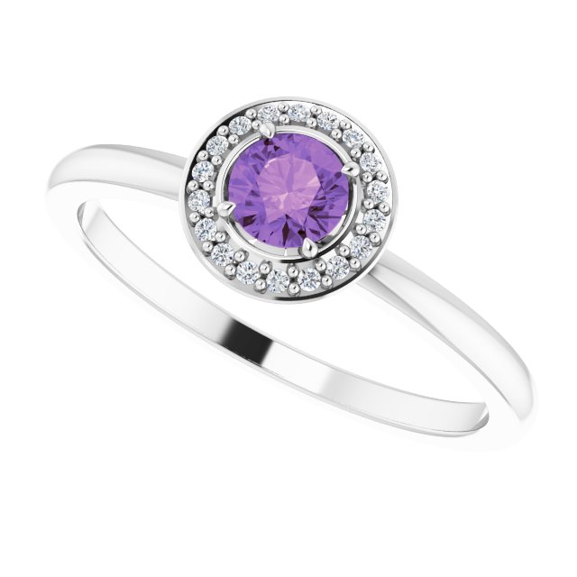 Round Amethyst Halo Ring with Diamond Accents in Gold and Platinum