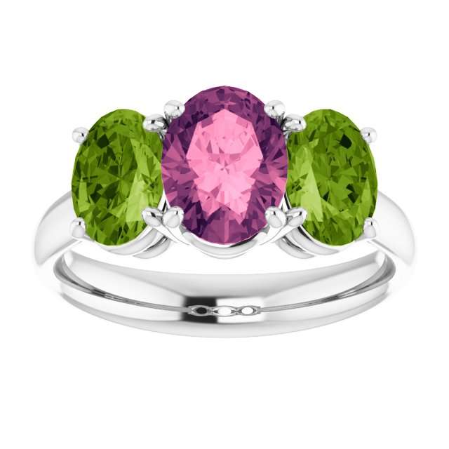Oval Imitation Pink Tourmaline Three Stone Ring in White Gold