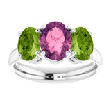 Oval Imitation Pink Tourmaline Three Stone Ring in White Gold