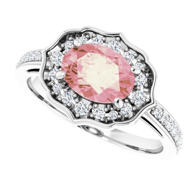 Oval Peach Mandganite & Diamond Halo Ring in Gold and Platinum