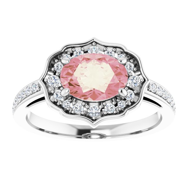 Oval Peach Mandganite & Diamond Halo Ring in Gold and Platinum