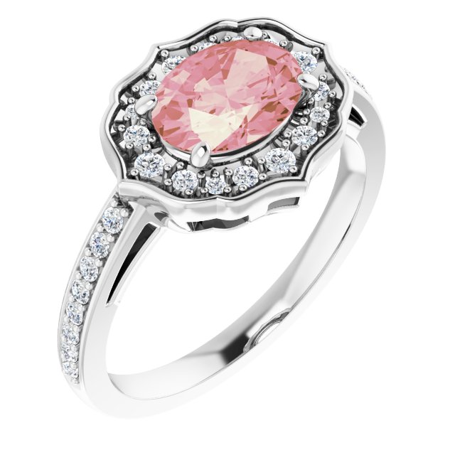 Oval Peach Mandganite & Diamond Halo Ring in Gold and Platinum
