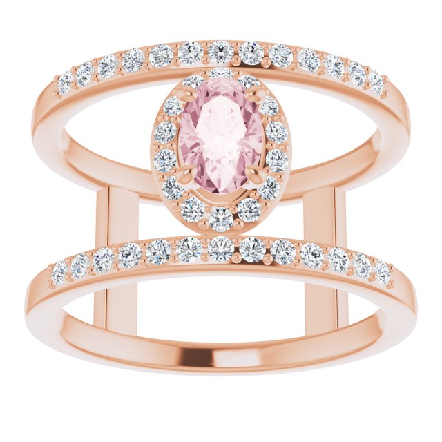 Oval Pink Mandganite Halo Ring with Diamond Accents in Rose Gold