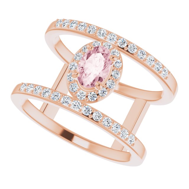 Oval Pink Mandganite Halo Ring with Diamond Accents in Rose Gold