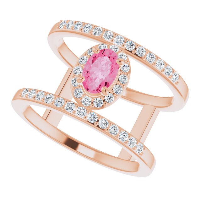 Oval Pink Spinel Halo Ring with Diamond Accents in Rose Gold