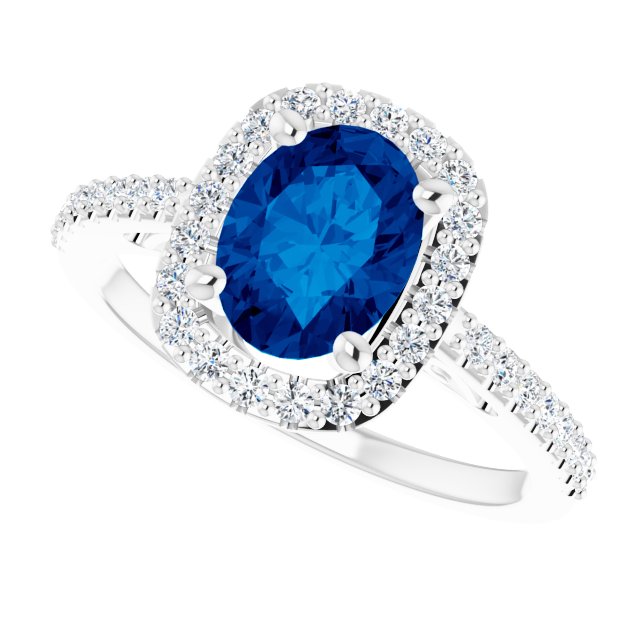 Oval Lab-Grown Blue Sapphire & Diamond Halo Ring in Gold