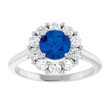 Round Blue Sapphire & Diamond Halo Ring in Gold and Platinum