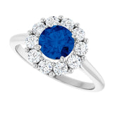Round Blue Sapphire & Diamond Halo Ring in Gold and Platinum