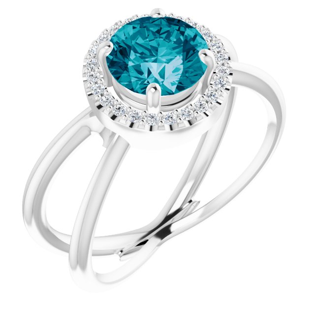 Round London Blue Topaz & Diamond Halo Ring in Gold and Platinum