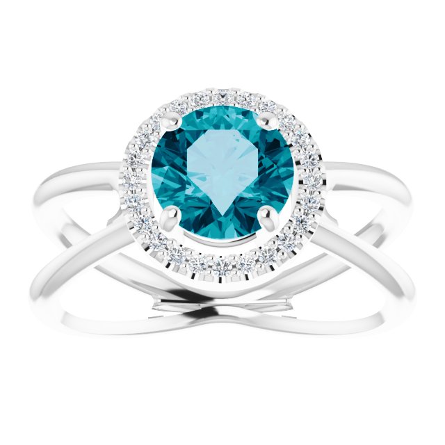Round London Blue Topaz & Diamond Halo Ring in Gold and Platinum