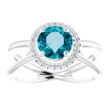 Round London Blue Topaz & Diamond Halo Ring in Gold and Platinum