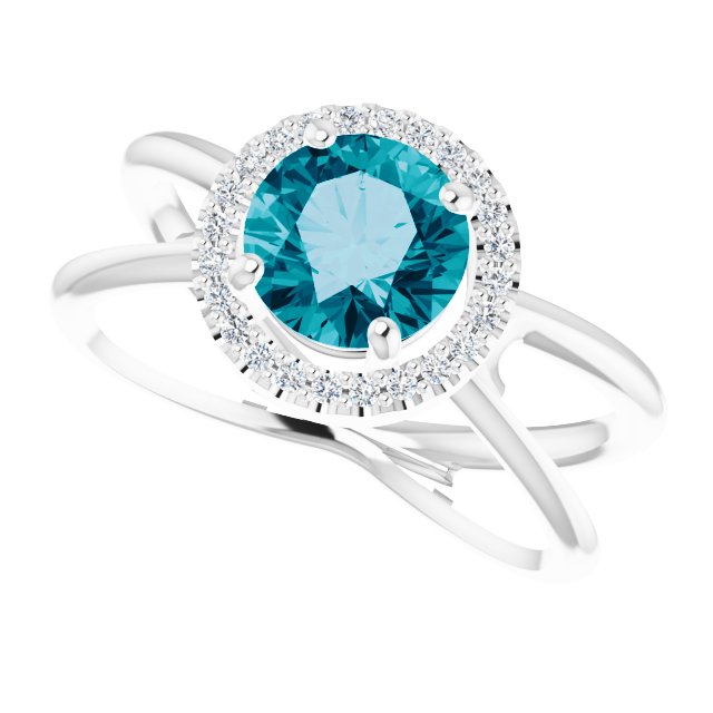Round London Blue Topaz & Diamond Halo Ring in Gold and Platinum