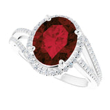 Oval Mozambique Garnet & Diamond Halo Ring in Gold and Platinum