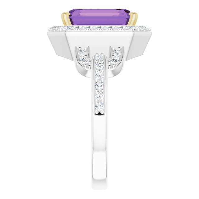 Emerald Amethyst & Diamond Halo Ring in White/Yellow Gold