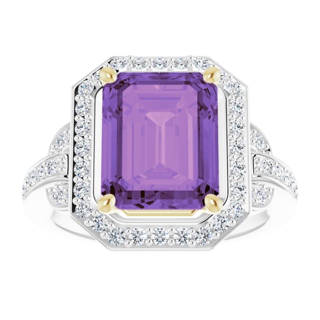 Emerald Amethyst & Diamond Halo Ring in White/Yellow Gold