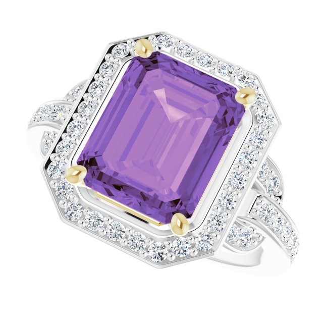 Emerald Amethyst & Diamond Halo Ring in White/Yellow Gold
