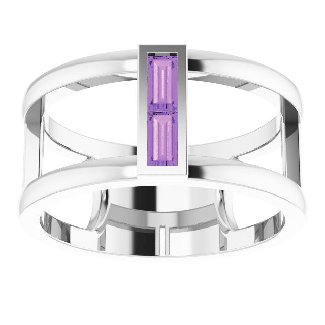 Straight Baguette Amethyst Negative Space Ring in Gold and Platinum