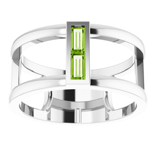 Straight Baguette Peridot Negative Space Ring in Gold and Platinum