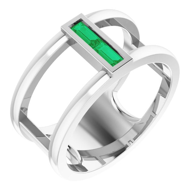 Straight Baguette Emerald Negative Space Ring in Gold and Platinum