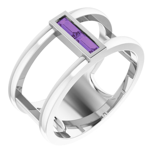 Straight Baguette Amethyst Negative Space Ring in Gold and Platinum