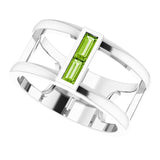 Straight Baguette Peridot Negative Space Ring in Gold and Platinum