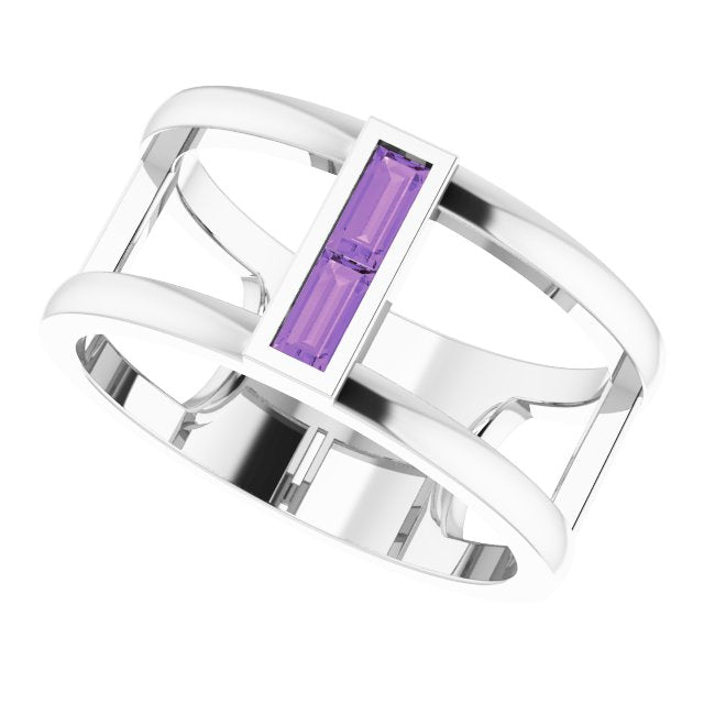 Straight Baguette Amethyst Negative Space Ring in Gold and Platinum