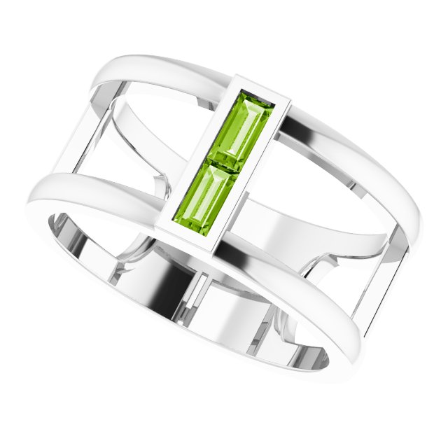 Straight Baguette Peridot Negative Space Ring in Gold and Platinum