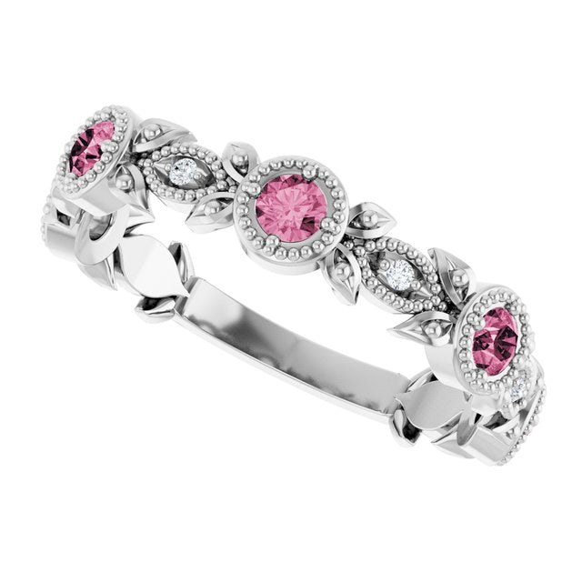 Round Pink Tourmaline & Diamond Accented Ring in Gold and Platinum