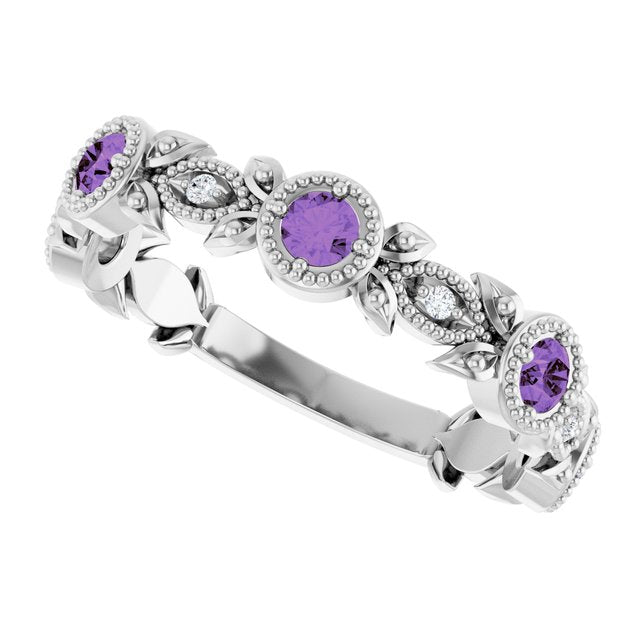 Round Amethyst & Diamond Accented Ring in Gold and Platinum