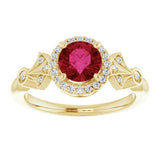Round Lab-Grown Ruby & Diamond Halo Ring in Gold and Platinum